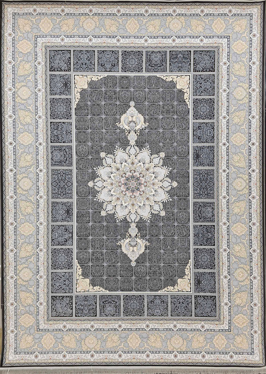 فرش ماشینی ماه نشان کاشان با نقشه اسپیناس ذغالی و 1500 شانه