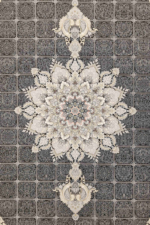 تصویر دکوراتیو فرش ماه نشان کاشان با نقشه اسپیناس ذغالی