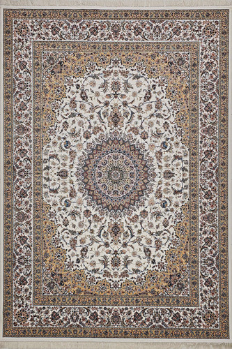 نمای کلی فرش 700 شانه نقشه اخوان با زمینه تیره و ترنج سنتی در مرکز