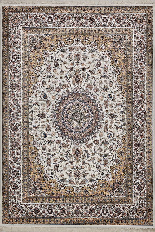 نمای کلی فرش 700 شانه نقشه اخوان با زمینه تیره و ترنج سنتی در مرکز