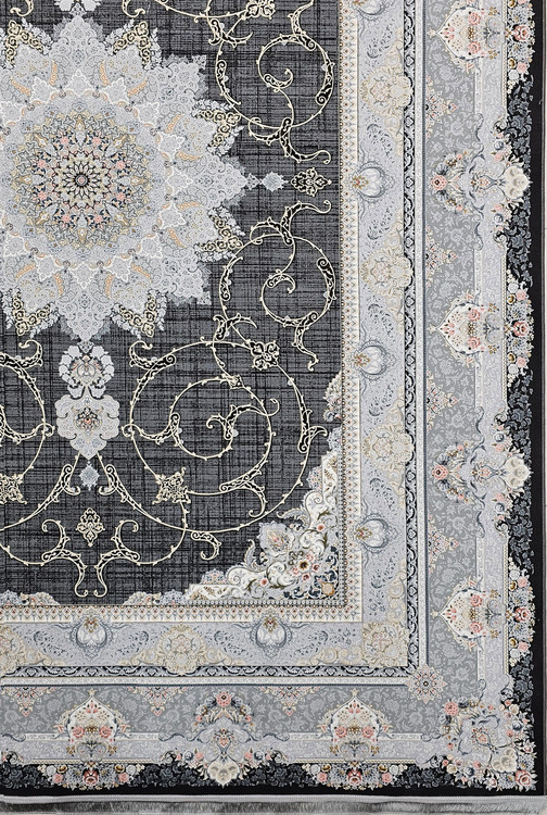 تصویر نمای نزدیک از فرش ویکتوریا ذغالی با 1500 شانه، طراحی مدرن کاشانی