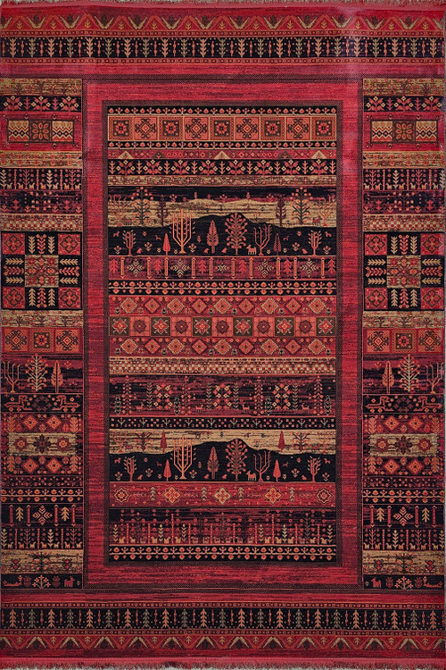 نمای کلی فرش طرح دستبافت بلوچ هیوا کاشان کد 2203 با رنگ لاکی جذاب