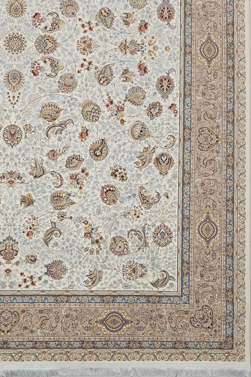 فرش 1600 شانه خاطره کویر کاشان نقشه افشان سلطنتی کرم سفید در دکوراسیون داخلی شیک و مدرن