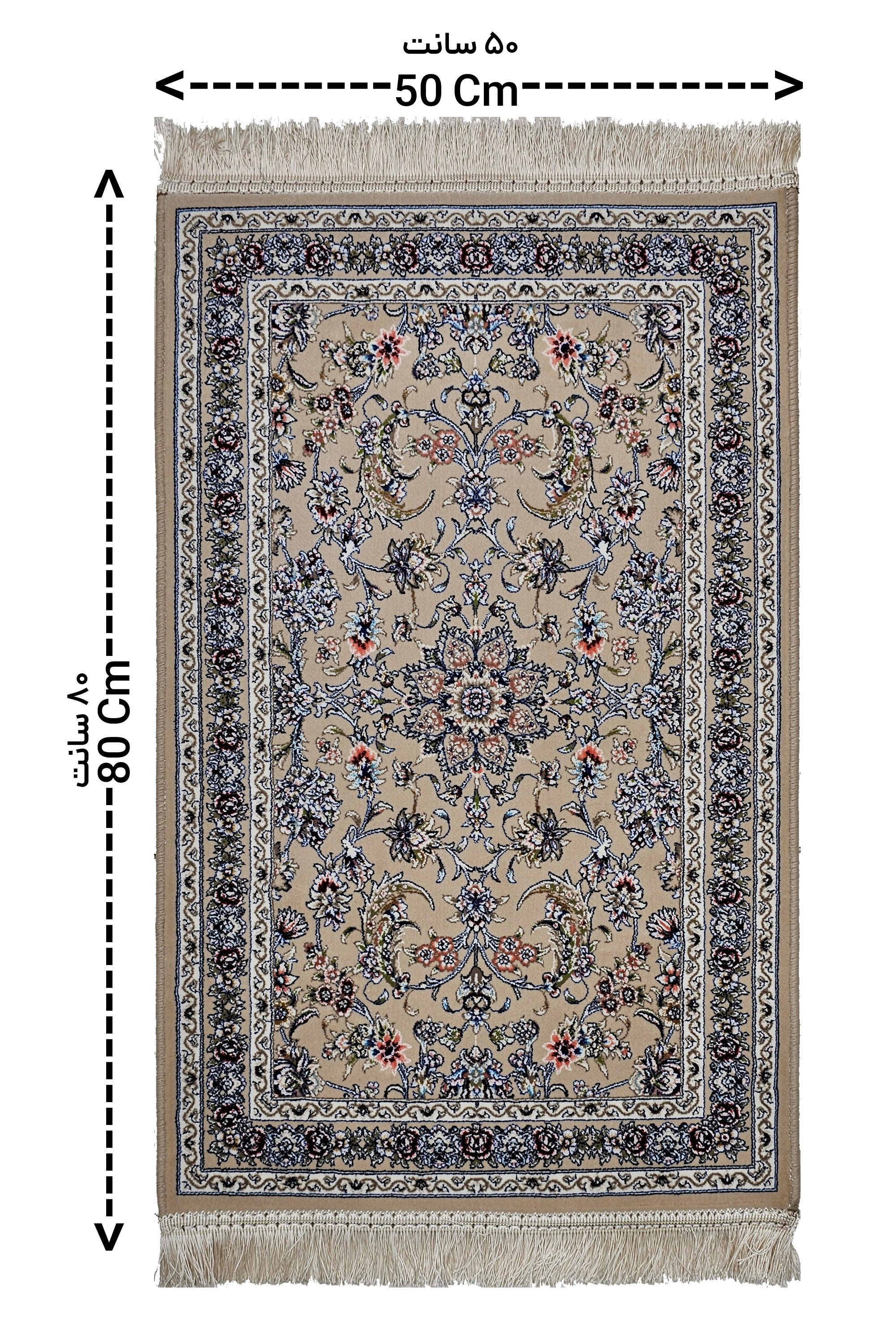 نمای کلی پادری 50×80 فرش 1200 شانه نگین ابریشم مشهد با طرح نگارین بژ و حاشیه بژ.