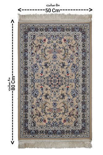 نمای کلی پادری 50×80 فرش 1200 شانه نگین ابریشم مشهد با طرح نگارین بژ و حاشیه بژ.