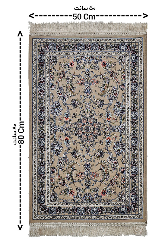 نمای کلی پادری 50×80 فرش 1200 شانه نگین ابریشم مشهد با طرح نگارین بژ و حاشیه بژ.