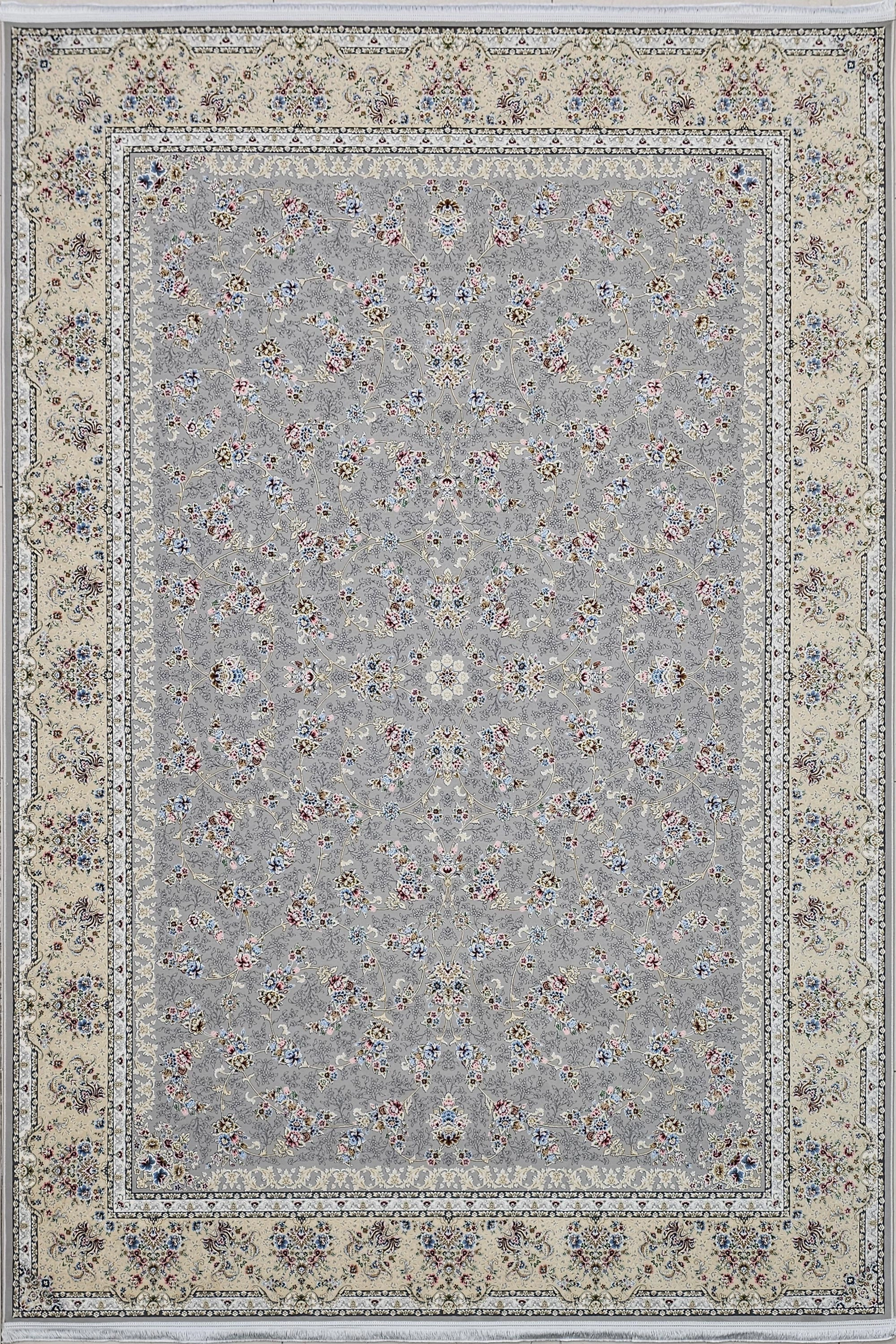 فرش 1200 شانه عظیم‌زاده کاشان با نقشه میجان نقره‌ای، طراحی شیک و بادوام.