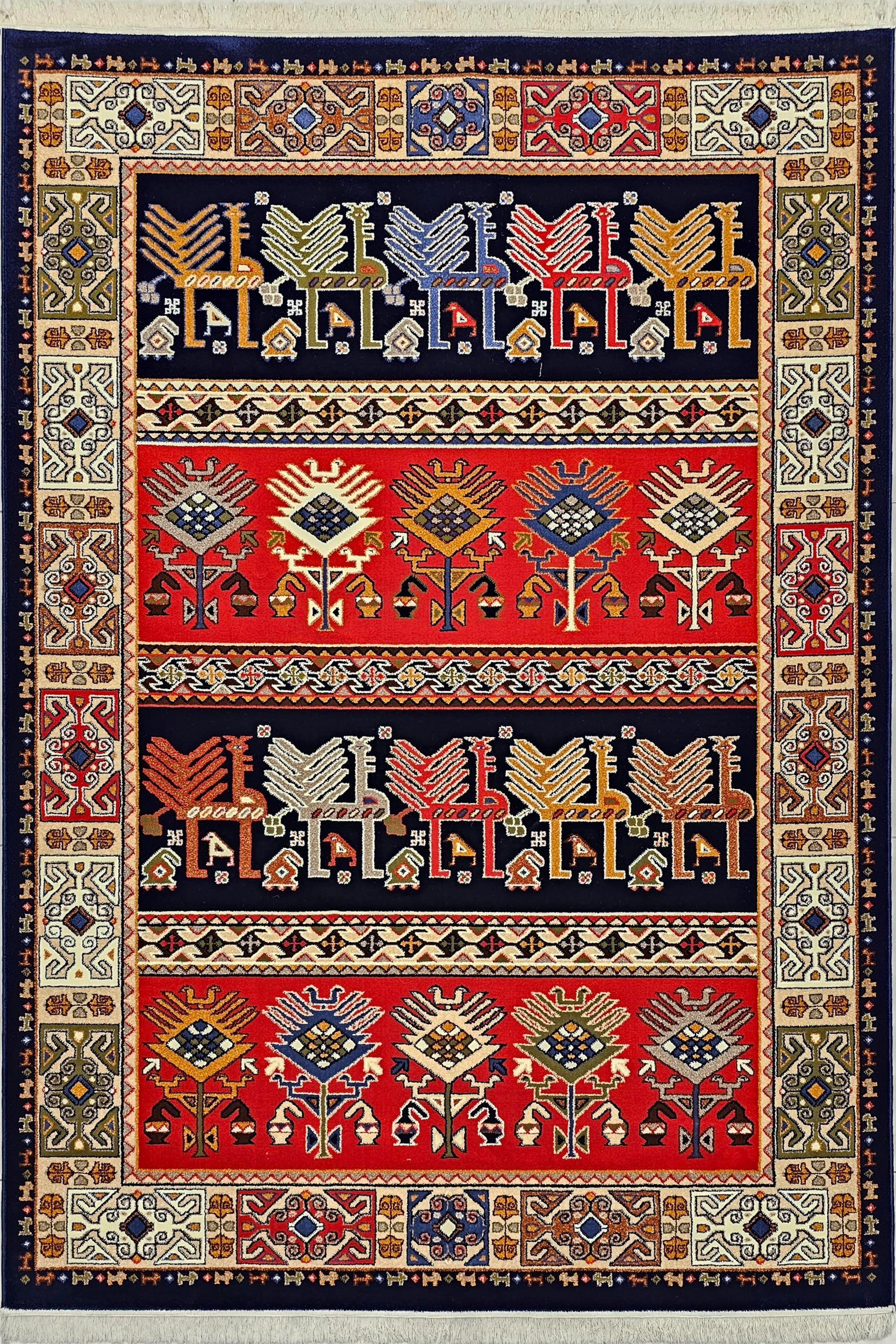 "گلیم‌فرش ۵۰۰ شانه ستاره کویر یزد با طرح خشتی کد ۸۲۹۰ رنگ سرمه‌ای از کلکسیون ایساتیس"