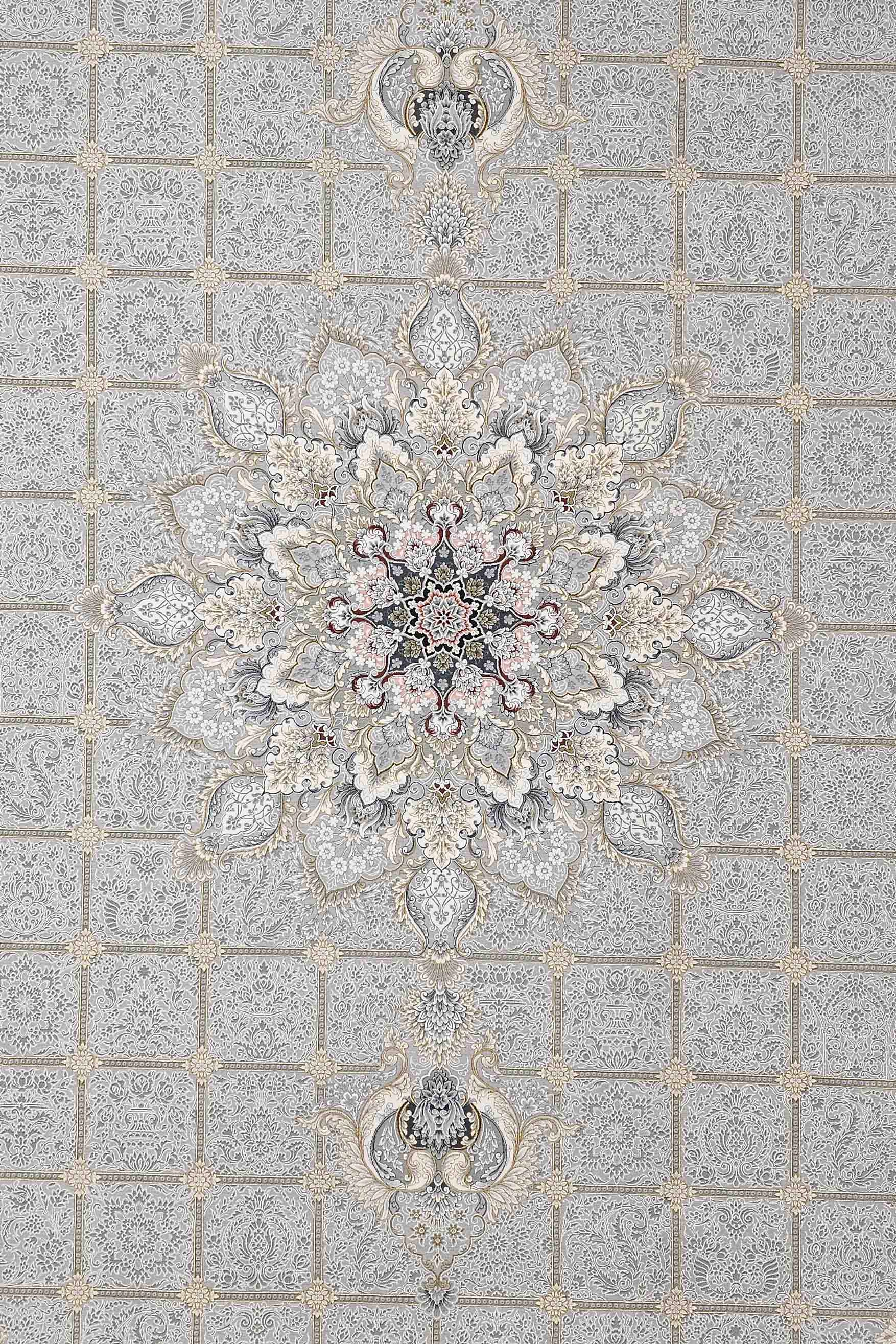تصویر دکوراتیو فرش کاشان با طراحی اسپیناس ذغالی و کیفیت 1500 شانه