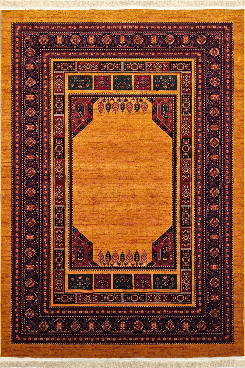 فرش طرح بلوچی مرینوس بافت ۷۰۰ شانه رنگ عسلی با نقوش سنتی