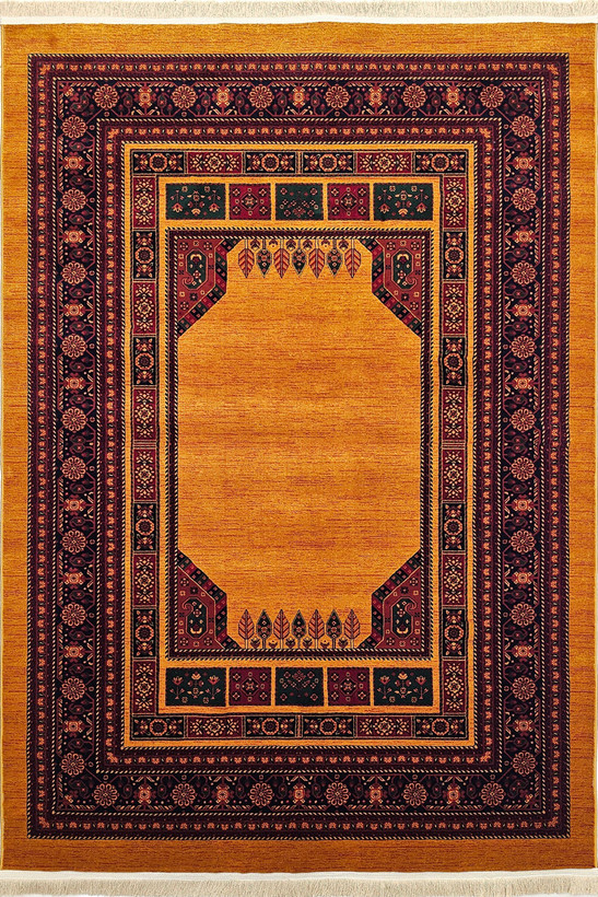 فرش طرح بلوچی مرینوس بافت ۷۰۰ شانه رنگ عسلی با نقوش سنتی