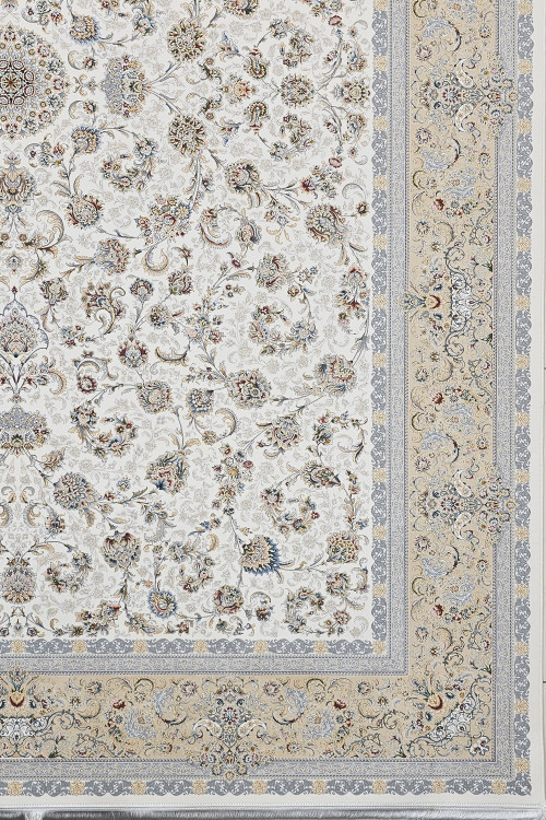 نمای نزدیک از بافت ریز و دقیق فرش لکسون کرم کاشان