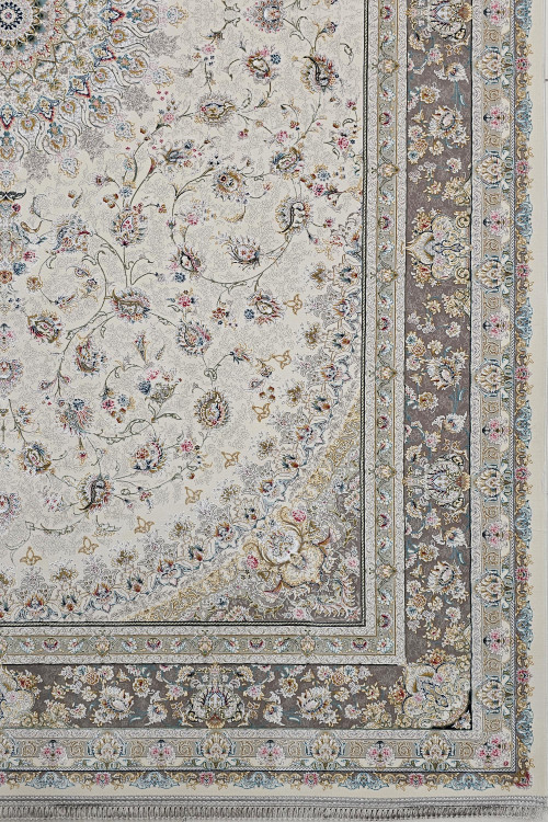 نمای کامل فرش قیطران نقشه ستوش رنگ کرم با طراحی اصیل