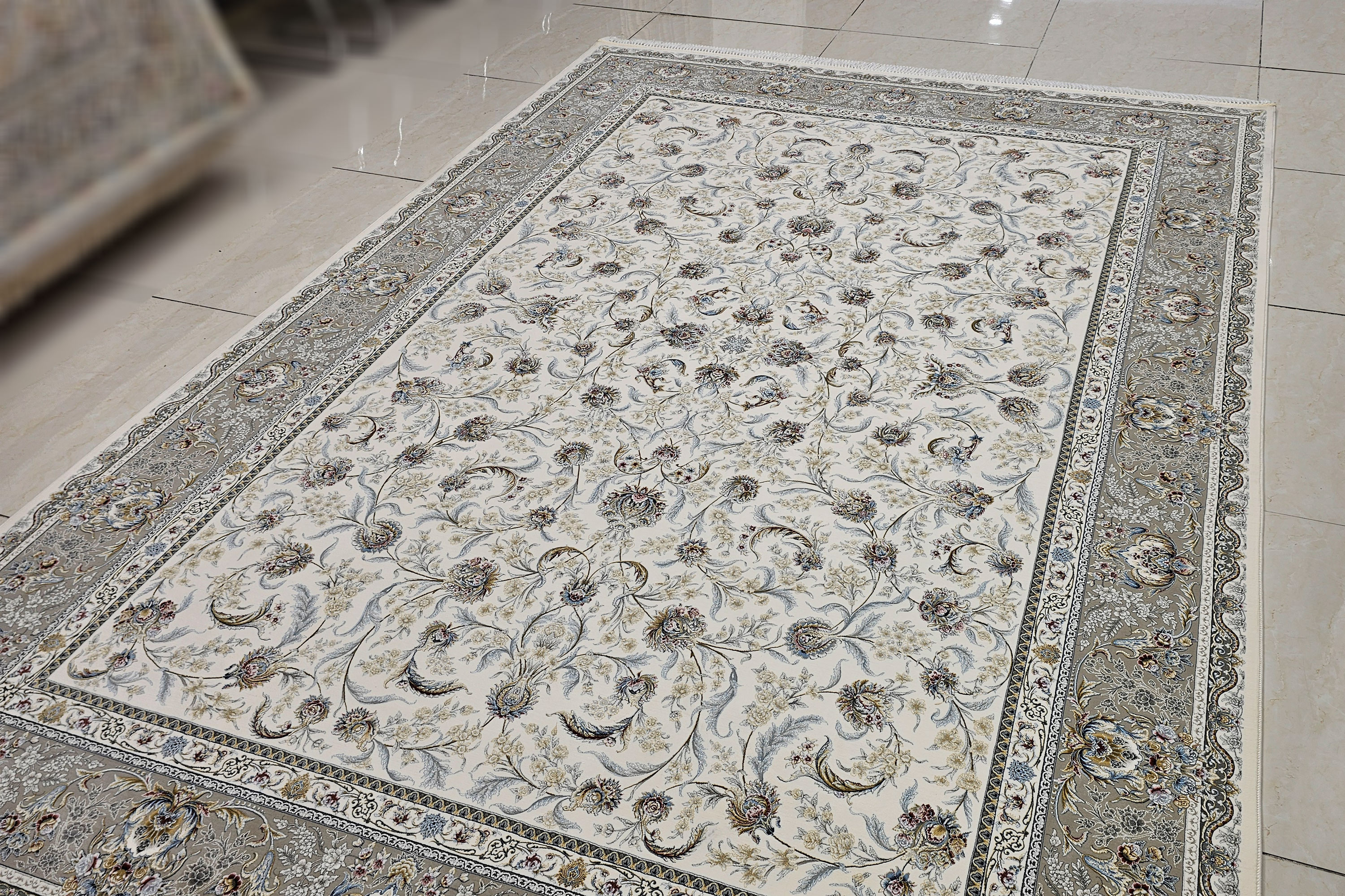 خرید فرش 1500 شانه قیطران نقشه چکاوک کرم | گل برجسته مجلل