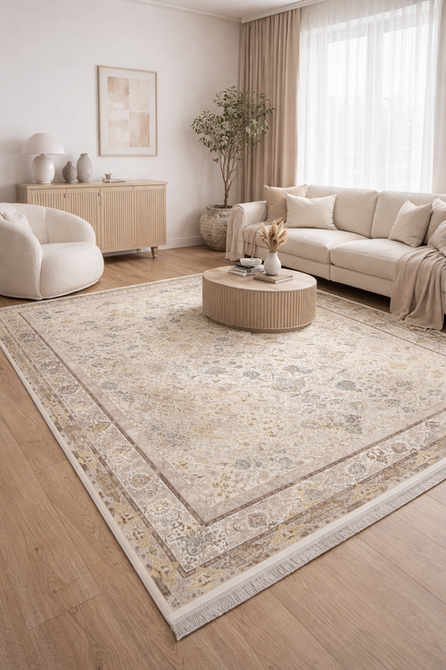فرش مدرن وینتیج کرم در اتاق نشیمن