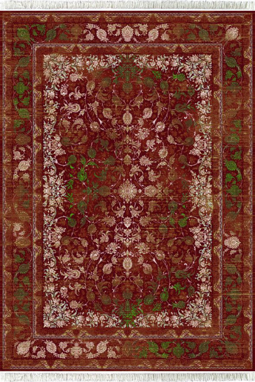 فرش 700 شانه جم کاشان نقشه تابان لاکی ۱۰۰٪ اکریلیک تراکم ۲۵۵۰ ضخیم – رنگ لاکی و طرح شیک