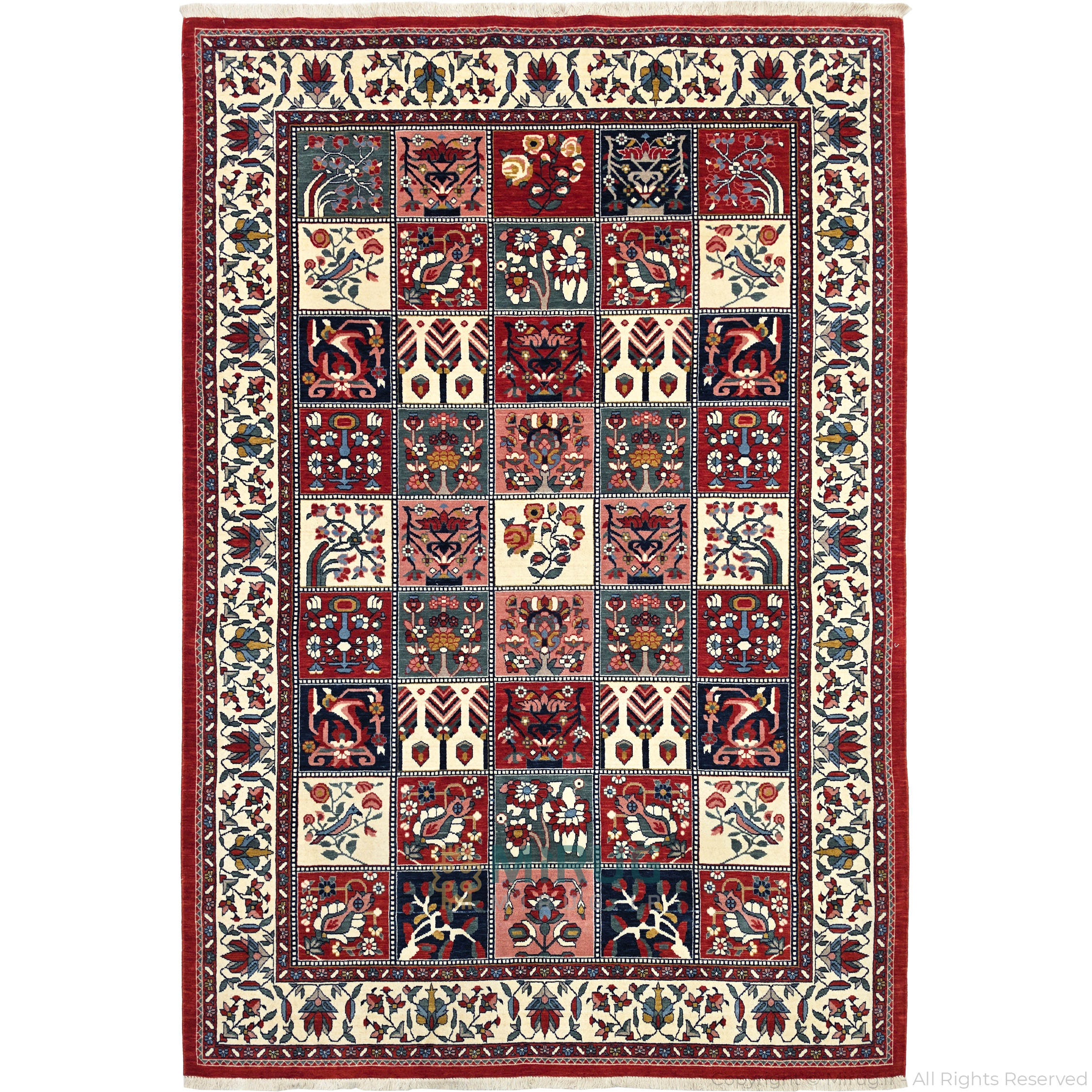 فرش ماشینی زرین‌دلان مدل WF2770 با طرح خشتی بختیاری و رنگ لاکی